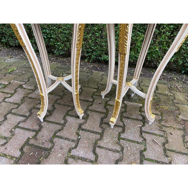 1970s French Louis XVI Antique/White Cream Gold Marble Side Tables- Pair For Sale - Image 9 of 14