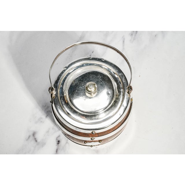Wood Charming Antique English Silverplate Dark Oak Biscuit Jar With Porcelain Lining Shield Home Decor For Sale - Image 7 of 12