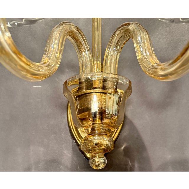 Early 20th Century Early 20th Century Murano-Style Glass and Brass Two-Light Wall Sconces - a Pair For Sale - Image 5 of 5