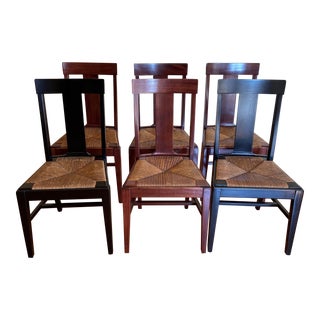 1950s Set of 6 Vintage Dining Chairs in Mahogany With Hand-Twisted Natural Rush Seats For Sale