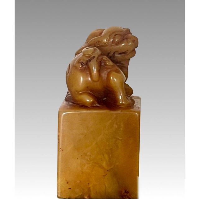 Old Chinese Shoushan Stone Pi Xiu Dragon Seal, Stamp, Tianhuang, Raw Silk Stand & Wood Box For Sale - Image 9 of 15