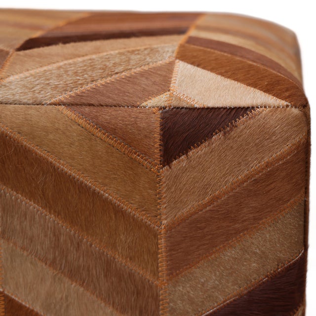 2020s Handmade Tan Chevron Cowhide Leather Ottoman Pouf 18x18 Warm Cube For Sale - Image 5 of 7