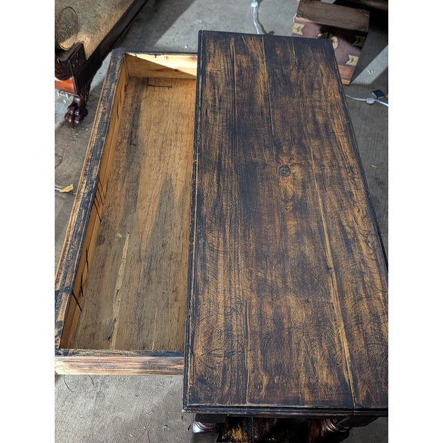 MId 20th Century Rustic Distressed Black Wood Console Table With Drawer and Equestrian Ring Pulls For Sale - Image 4 of 11