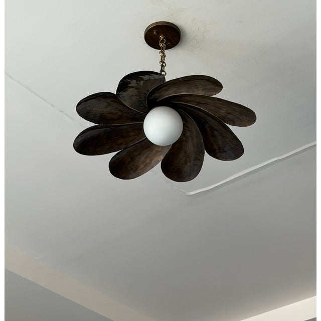Handmade Black Antique Brass Finish Pendant Light, Floral Metal Ceiling Light, Milk Glass Globe, Vintage Home Decor For Sale - Image 9 of 13