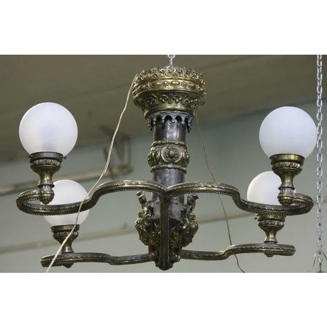 Brass Extraordinary 19th Century Beaux Arts Four Arm Brass & Zinc Globe Light Chandelier-Stanford White Gatsby MansionStyle- 37éw. For Sale - Image 8 of 9