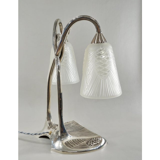 1920s Bousquet & Bloch & Degue French Art Deco Double-Arm Table Lamp 1930s - Pinecone Glass For Sale - Image 5 of 14