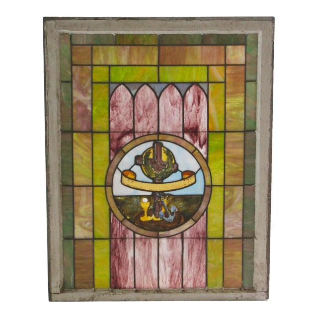 Late 19th Century Wine & Anchor Stained Glass Top Window For Sale
