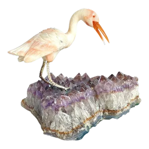 Carved Stone Crane Heron Egret Bird Standing on Amethyst Geode Purple Crystal Vintage