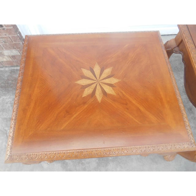 Late 20th Century Beautiful Vintage Handcarved Pair of Side Tables With Satinwood Inlays For Sale - Image 5 of 9