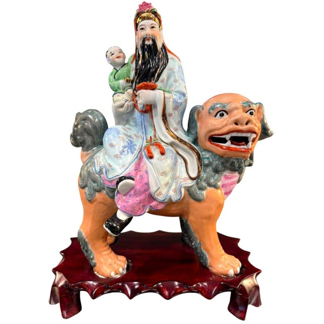 Vintage Chinese Porcelain Immortal W/Child Riding Foo Lion Statue 15" Mark 082 For Sale - Image 14 of 16