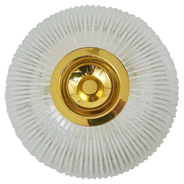 Large German Flushmount in Striped Bubble Glass and Brass from Limburg, 1970s For Sale