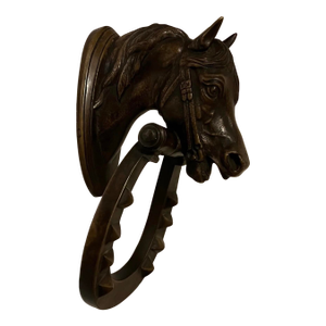 French Bronze Horse Head Door Knocker With Horseshoe Clapper