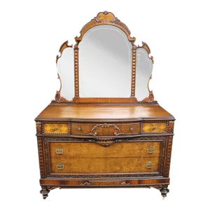 Depression Era Carved Walnut Dresser & Mirror