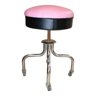 Mid Century Pink & Black Rolling Stool by Royalchrome For Sale