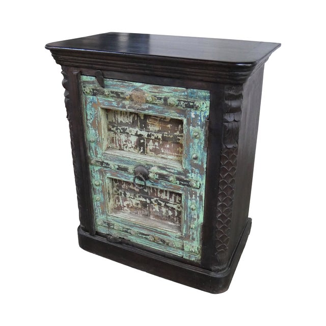 Far Pavilions 1920s Distressed Green Farmhouse Storage Cabinet | Rustic Hand Carved Solid Wood Nightstand Dresser |Reclaimed Antique Door Entryway Console Table For Sale - Image 4 of 5
