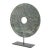 Circular carved Chinese jade bi disc mounted on a custom stand. The marble is rich with blue, green, tan, and brown tones...