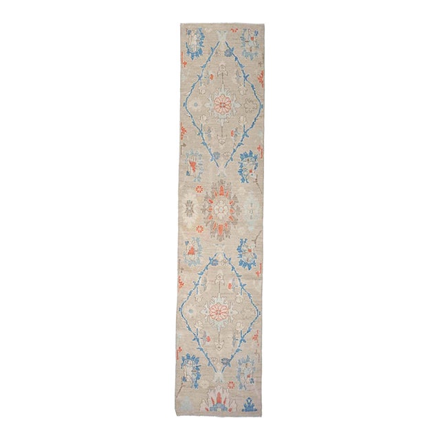 21st Century Turkish Oushak 3X12 Beige, Slate Blue, Ivory & Orange Handmade Runner Rug #1144198 For Sale