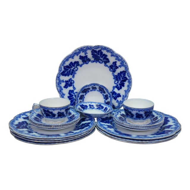 20 Pc Antique English Johnson Bros Normandy Flow Blue Porcelain Dinnerware For Sale