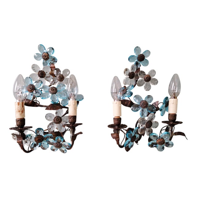 Murano Crystal Floral Wall Sconces, 1950s, Set of 2 For Sale