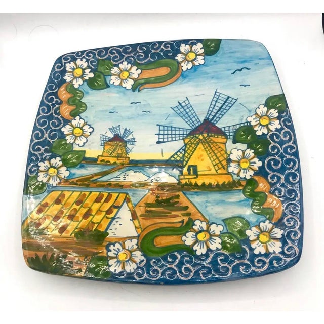 Mediterranean Di Cotte E Di Crude Trapani Sicilian Hand-Painted Windmill Ceramic Wall Platter For Sale - Image 3 of 6
