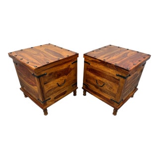 Late 20th Century Pair of Rustic Wood and Metal Storage Trunks W/ Lift-Top Lids For Sale