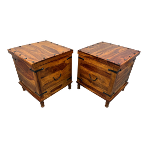 Late 20th Century Pair of Rustic Wood and Metal Storage Trunks W/ Lift-Top Lids