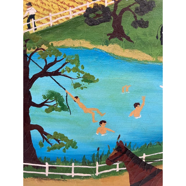 1980s oil on canvas landscape painting by J. Young. A folk art landscape scene in the style of Charles Wysocki or Grandma...