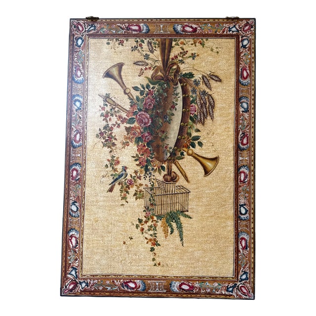 1990s French Country Tapestry Print Wood Inlaid Wall Art For Sale