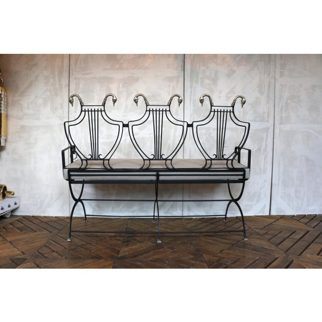 Black 1950s Iron Lyre Back Settee With Brass Swan Heads & Paw Feet by Samuel Copelon For Sale - Image 8 of 18