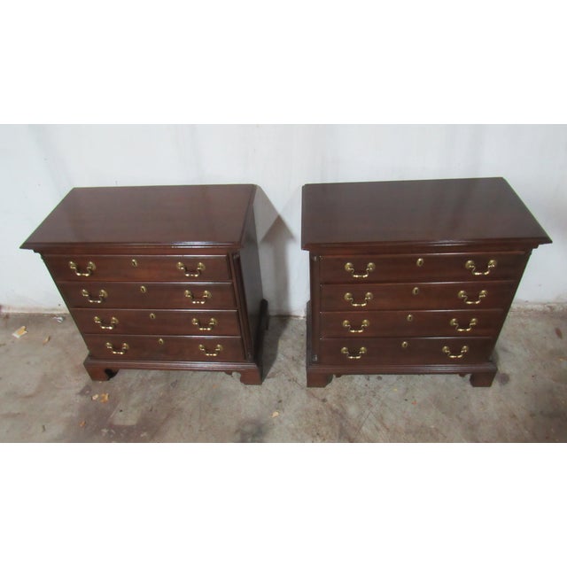 Item: Pair Ethan Allen Nightstands Bachelors Chests Details: Signed Ethan Allen Great Designer Look/Quality Piece Mahogany...