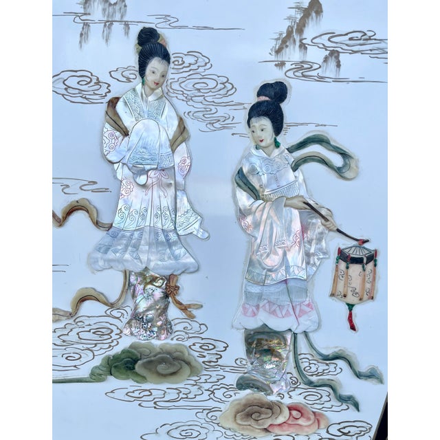 Chinese Export Mother of Pearl & Stone Four Panels Folding Screen From 60's For Sale - Image 4 of 12