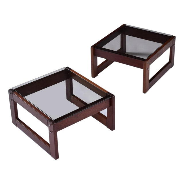 Pair of Percival Lafer Low Profile Rosewood and Smoked Glass Side Tables or Platform Bed Nightstands For Sale