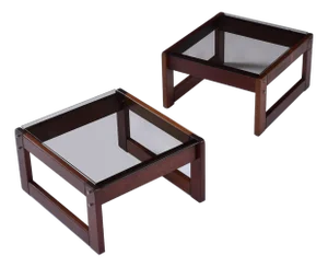 Pair of Percival Lafer Low Profile Rosewood and Smoked Glass Side Tables or Platform Bed Nightstands