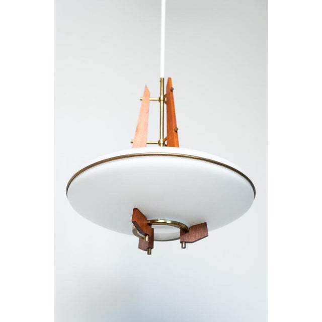 Teak, Brass and Opal Glass Pendant Light, 1960s For Sale - Image 3 of 7