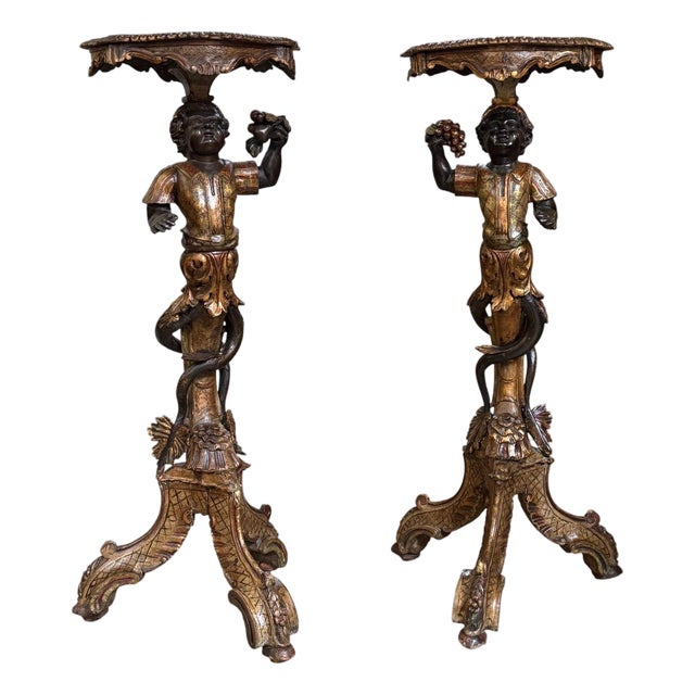 Pair of Mid-19th Century Italian Polychrome & Gilt Figural Pedestal Tables For Sale