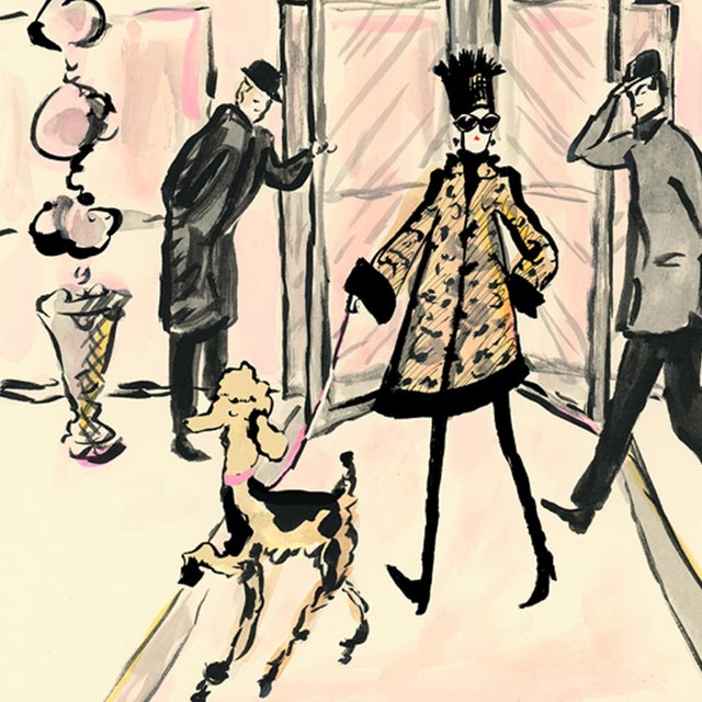 A fanciful lady goes on a stroll with her poodle and is greeted by the doormen in front of a Park Avenue inspired...