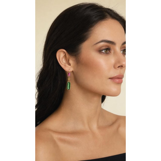 Green Talia Jade Pink Green Tourmaline 14k Gold Drop Earrings, Pair For Sale - Image 8 of 9