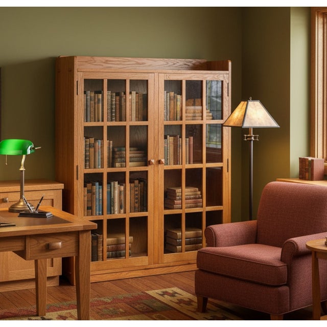Mission Oak 2 Door Bookcase With Glass Doors - Michael's Cherry For Sale - Image 9 of 10