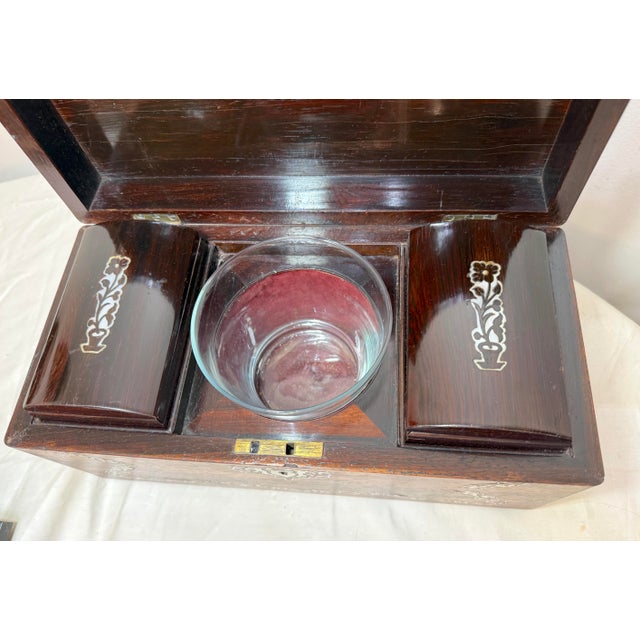 Antique 1800's English Inlaid Mother of Pearl Rosewood Wood Dual Tea Caddy Box For Sale - Image 13 of 18