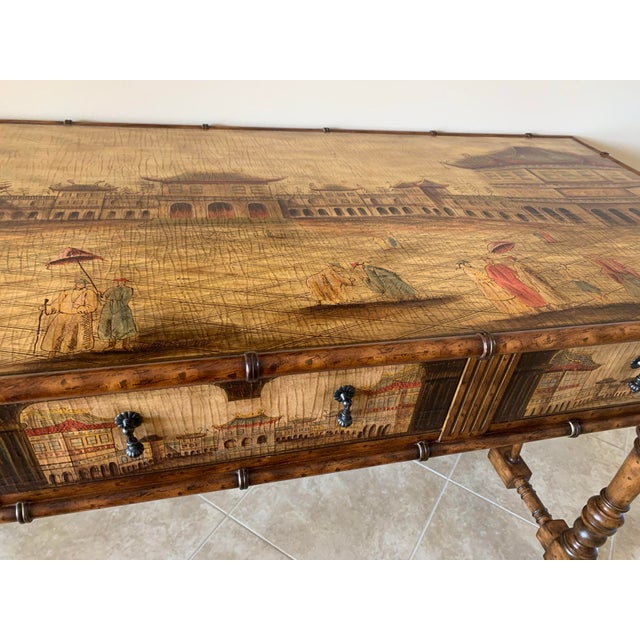 Brown 1980s Faux Bamboo Painted Console Table Chinoiserie For Sale - Image 8 of 11