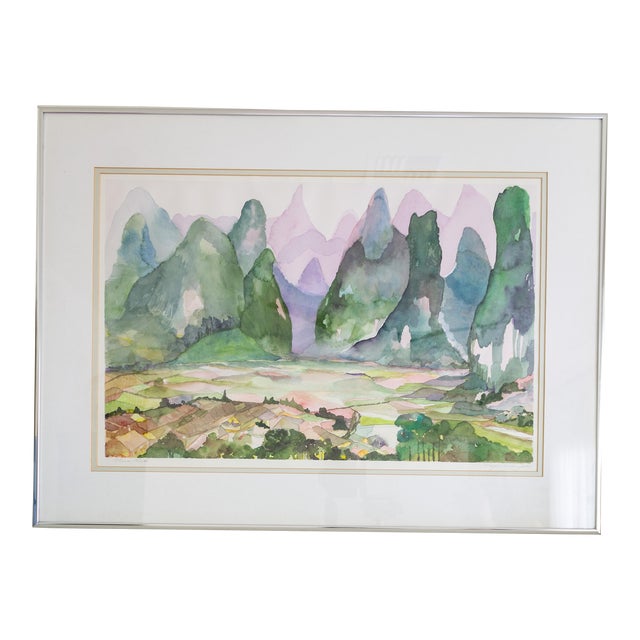 Abstract Fauvist Watercolor Landscape Painting Titled China Pink For Sale