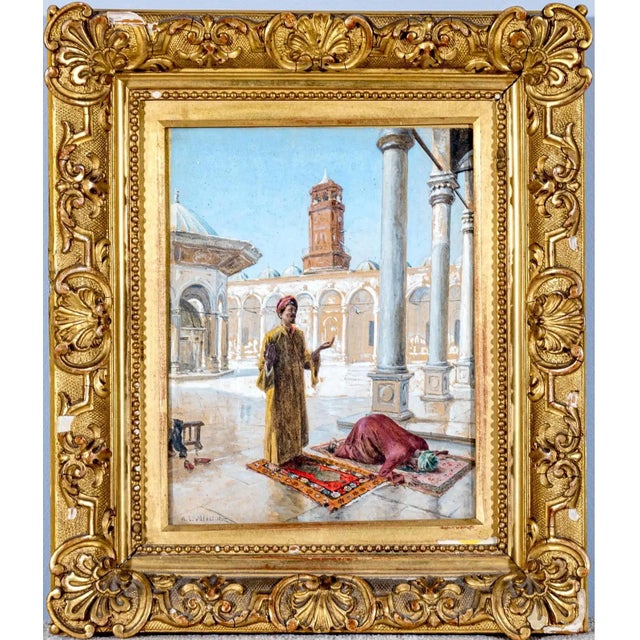 Antique 19th Century Orientalist Gouache Painting - Prayer at the Alabaster Mosque, Cairo - Signed Alphons Mielich For Sale - Image 13 of 15