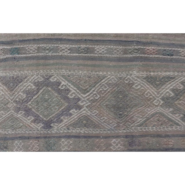 Mid 20th Century Vintage Turkish Flat-Weave Kilim With Stripes and Embroideries With Gray-Green For Sale - Image 4 of 12