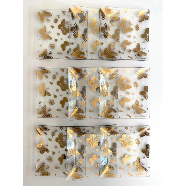 Vintage 1960's Mid Century Modern Georges Briard Gold Leaf Butterflies Glass Canape Hors d'Oeuvre Square Plates - Set of 9 For Sale In Kansas City - Image 6 of 12