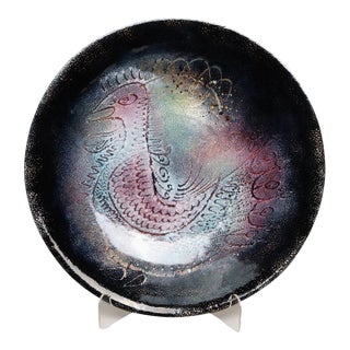 Large Vintage Enamel on Copper Sgraffito Peacock Decorative Plate by Arpad Rosti For Sale