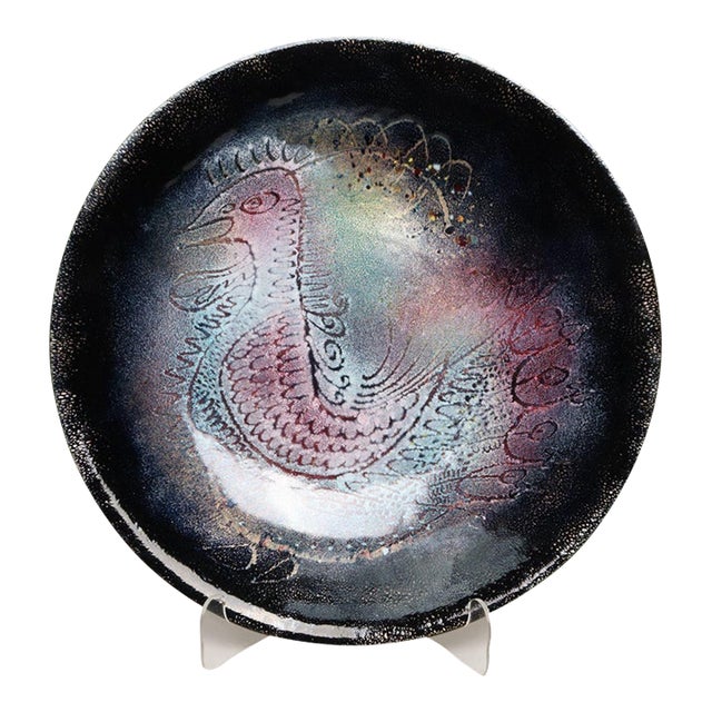Large Vintage Enamel on Copper Sgraffito Peacock Decorative Plate by Arpad Rosti For Sale