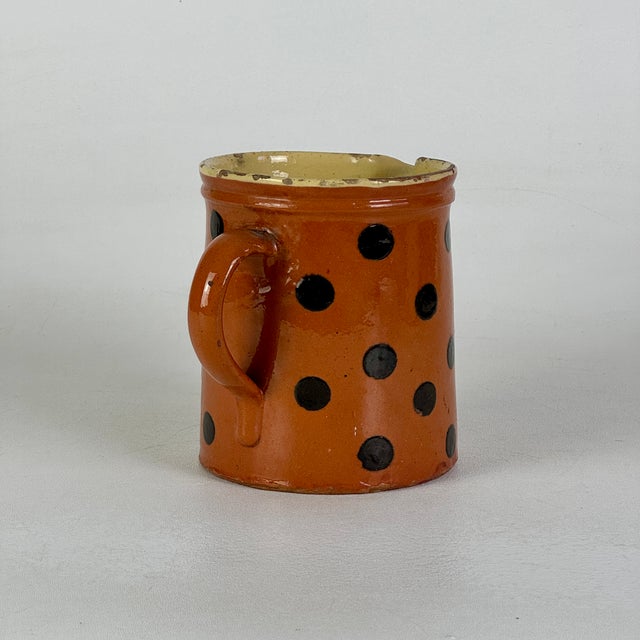 Antique 19th Century French Hand Painted Polkadot Pitcher in Fiery Pumpkin Orange, Large 6" H For Sale In New York - Image 6 of 8