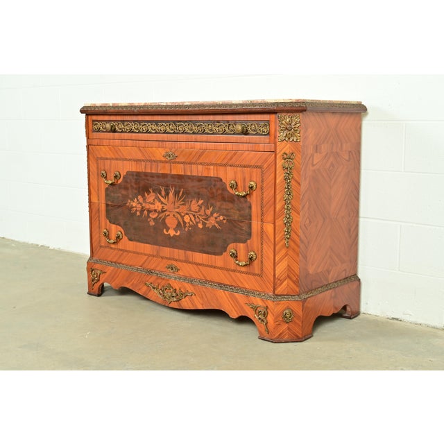 French Paul Sormani Style French Regency Louis XVI Kingwood Inlaid Marquetry Marble Top Commode With Mounted Gilt Bronze Ormolu For Sale - Image 3 of 18