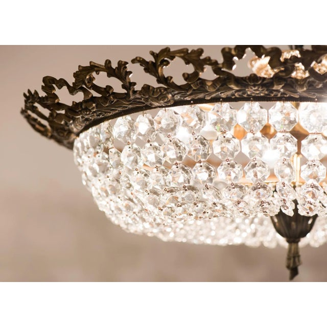 1950s Large Brass & Crystal Semi Flush Mount Basket Chandelier, Spain 1950s For Sale - Image 5 of 13