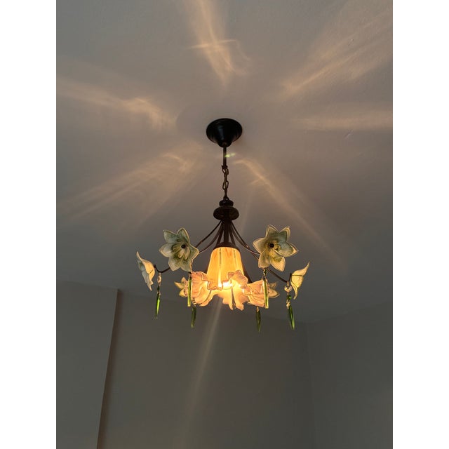 Vintage Murano Style Chandelier – Rare Pink & Green Art Glass For Sale - Image 4 of 13